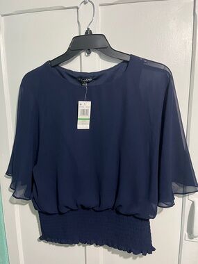 Sam and Jess Navy Blue Chiffon Blouson Top with Smocked Waist NWT